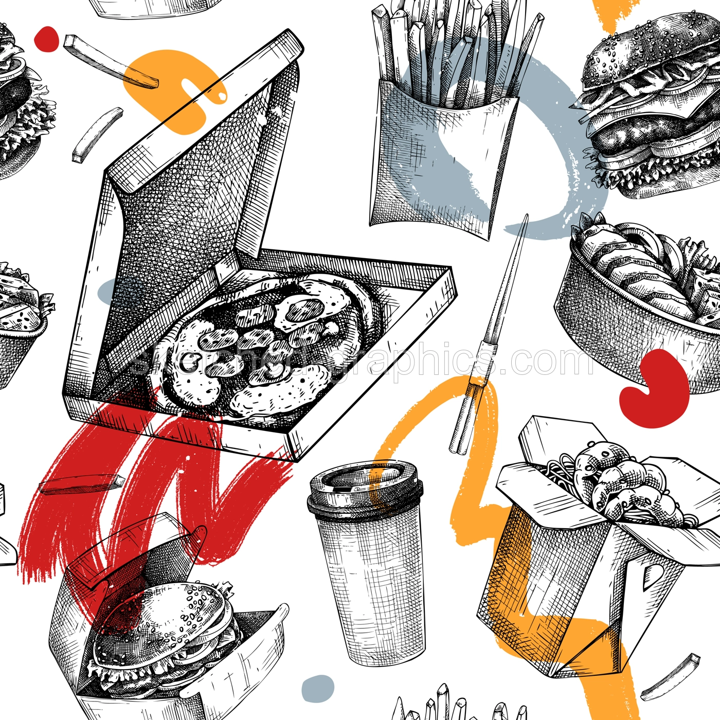 Fast food seamless pattern. Hand-drawn vector illustration. Burger, pizza, poke, sushi, coffee sketches. Takeaway food and restaurant delivery background. Engraved style, top view, collage style Illustration
